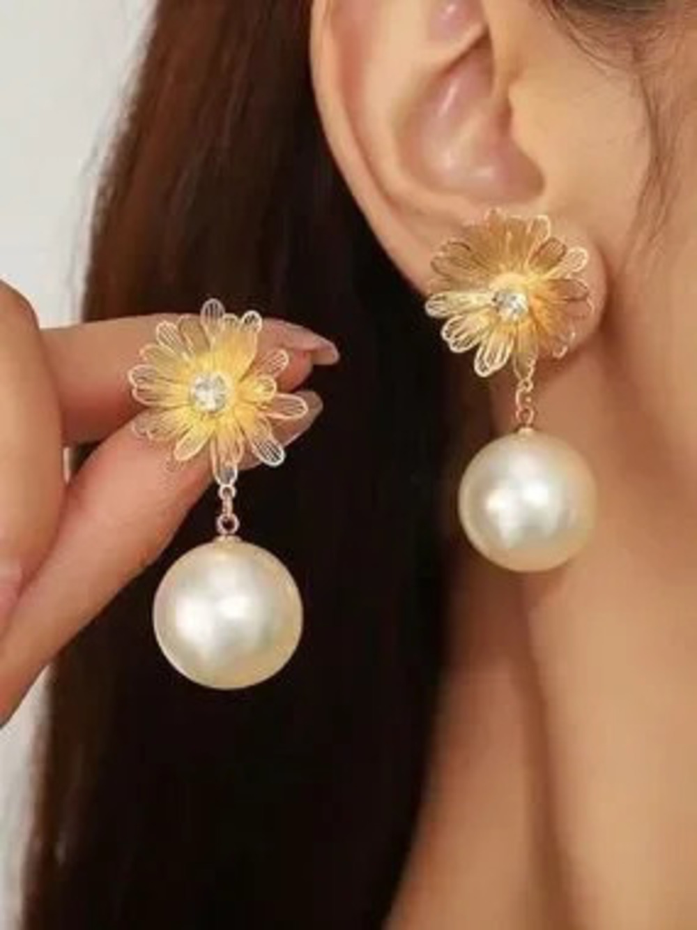 Gold Tone Daisy Pearl Drop Earrings - Women Jewelry